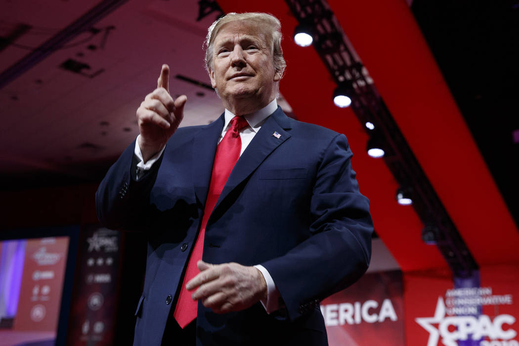 President Donald Trump looks to the cheering audience as he arrives to speak at Conservative Political Action Conference, CPAC 2019, in Oxon Hill, Md., Saturday, March 2, 2019. (AP Photo/Carolyn K ...
