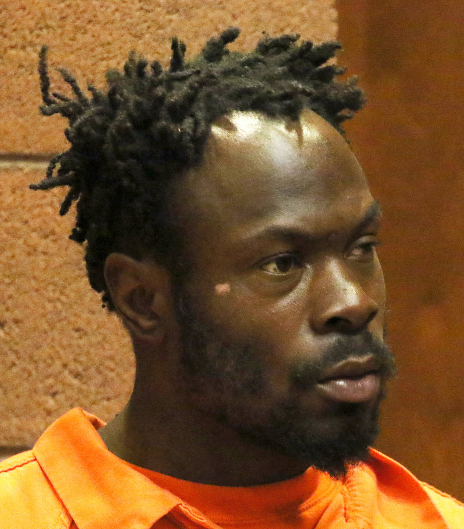 Eddie Lee Jackson, 38, appears at North Las Vegas Justice Court on Wednesday, March. 20, 2019. Jackson is accused of beating another homeless man to death during a fistfight on Owens Avenue last w ...