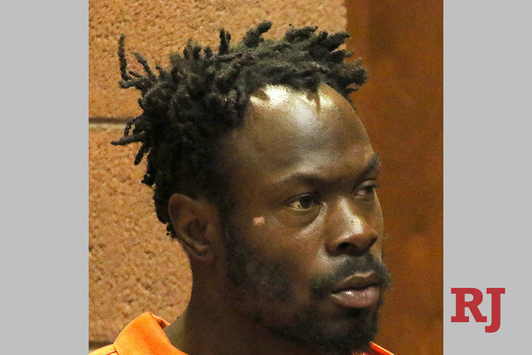 Eddie Lee Jackson, 38, appears at North Las Vegas Justice Court on Wednesday, March. 20, 2019. Jackson is accused of beating another homeless man to death during a fistfight on Owens Avenue last w ...