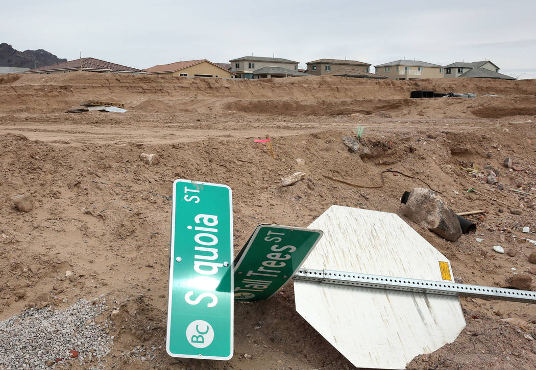 The construction site where Las Vegas builder StoryBook Homes is building new houses, at the corner of Adams Boulevard and Bristlecone Drive in Boulder City, is photographed on Wednesday, March 20 ...