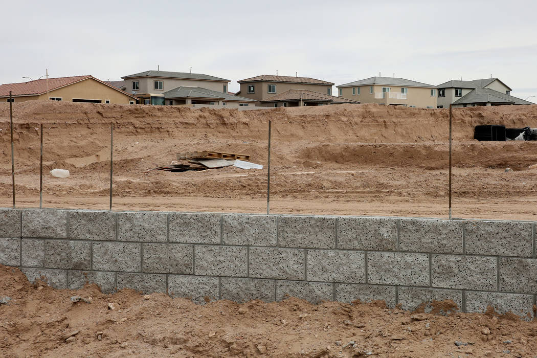 The construction site where Las Vegas builder StoryBook Homes is building new houses, at the corner of Adams Boulevard and Bristlecone Drive in Boulder City, is photographed on Wednesday, March 20 ...