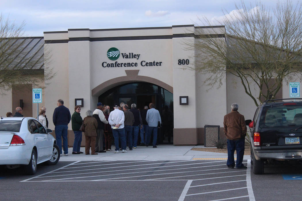 People line up to enter Valley Electric Association's annual District 1 meeting in Pahrump on March 7, 2019. The meeting occurred at Valley's conference center. (Jeffrey Meehan/Pahrump Valley Times)