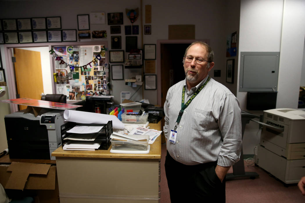 Advanced Technologies Academy teacher Richard Knoeppel, the Nevada Teacher of the Year, reacts as he is told that he will be inducted into the National Teacher Hall of Fame during a surprise at hi ...