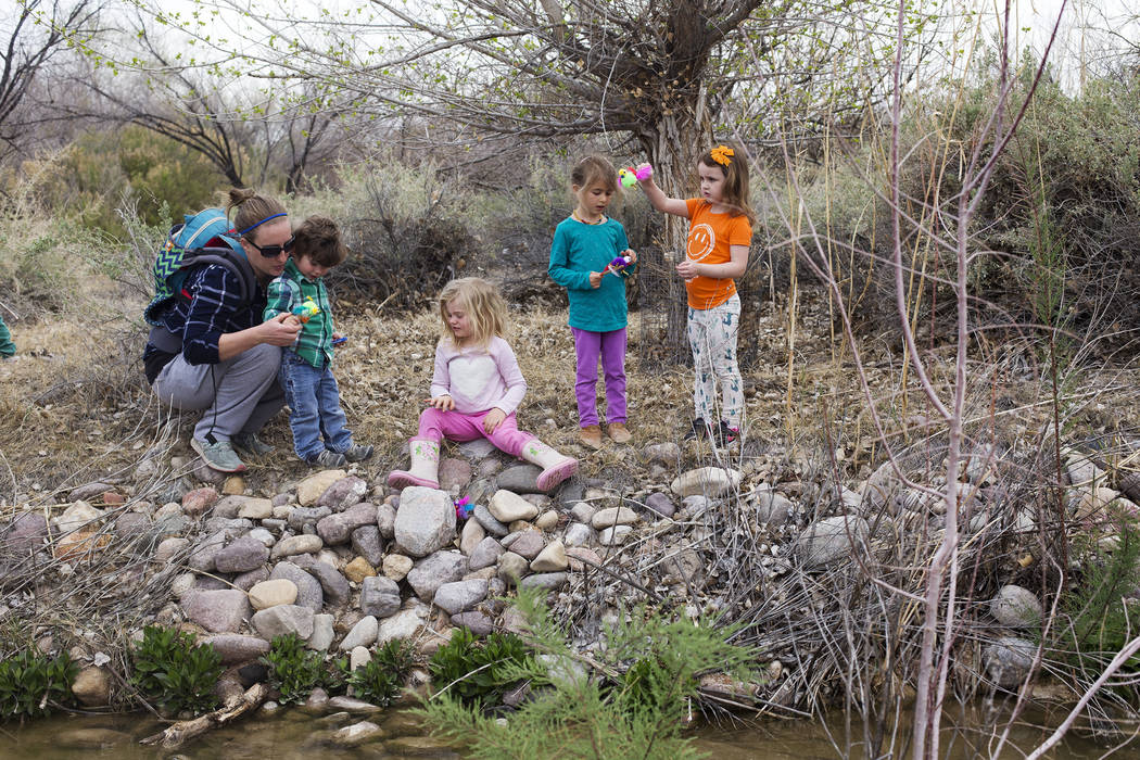 Hailey Stanley holds her son Rian Stanley, 1, from left, her daughter Quinn Stanley, 3, while exploring the creek next to Emma Campagna, 5, and Isabella LaMon, 3, during the Nature Tykes program a ...