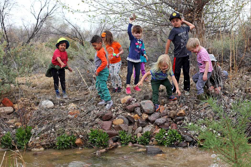 Children throw rocks into the creek during the Nature Tykes program at Clark County Wetlands Park in Las Vegas, Wednesday, March 20, 2019. The program incorporates story time, crafts, and explorat ...