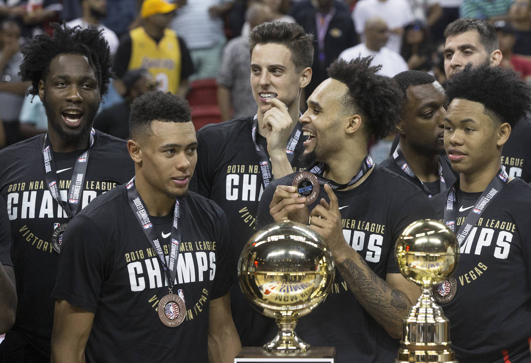 The Portland Trail Blazers celebrate after winning the NBA Summer League finals against the Los Angeles Lakers on Tuesday, July 17, 2018, at the Thomas & Mack Center, in Las Vegas. Benjamin H ...