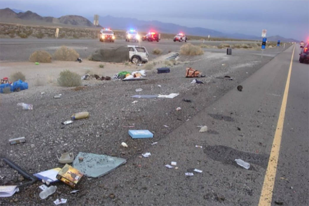 The scene of a fatal crash on U.S. 95 in Clark County, a few miles north of Creech Air Force Base in Indian Springs, on Wednesday, March 20, 2019. (NHP)