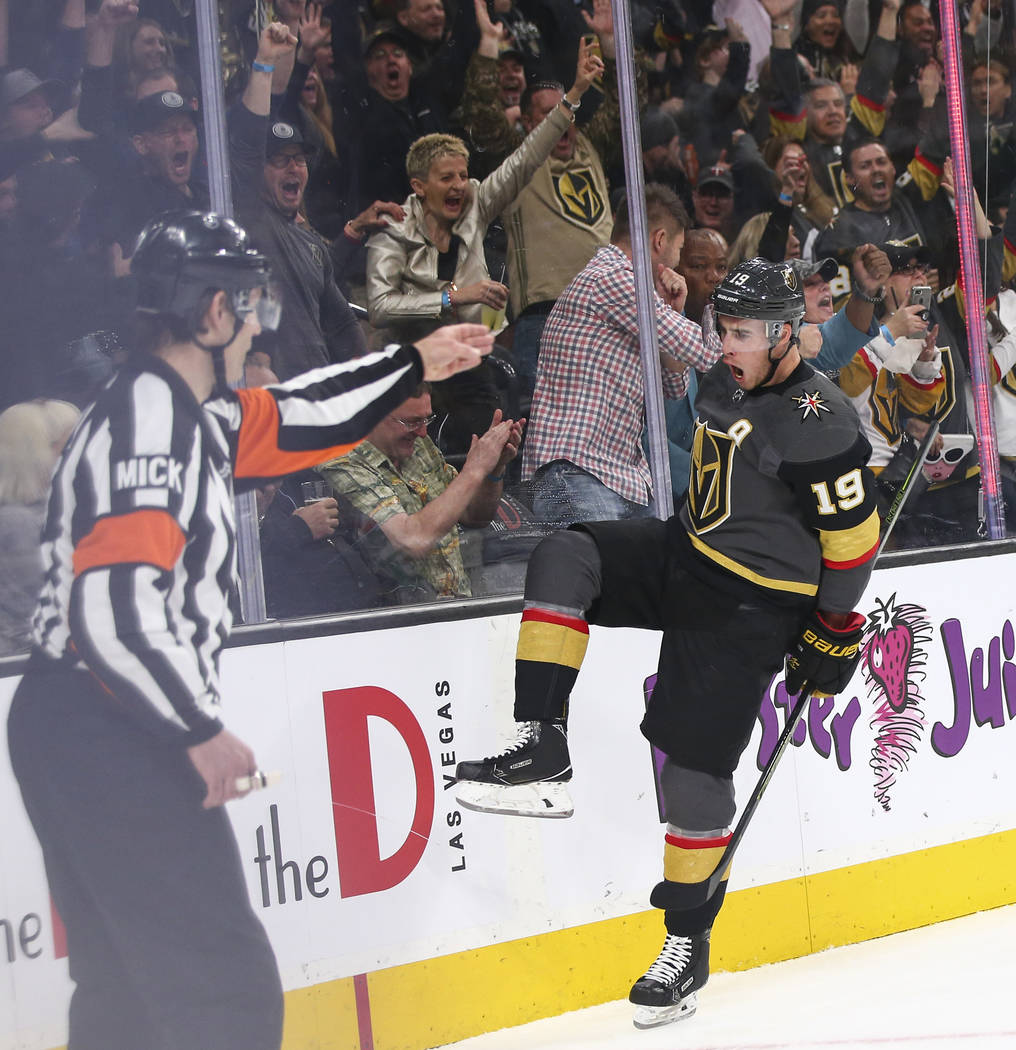 Golden Knights right wing Reilly Smith (19) celebrates his goal against the Winnipeg Jets during the first period of an NHL hockey game at T-Mobile Arena in Las Vegas on Thursday, March 21, 2019. ...