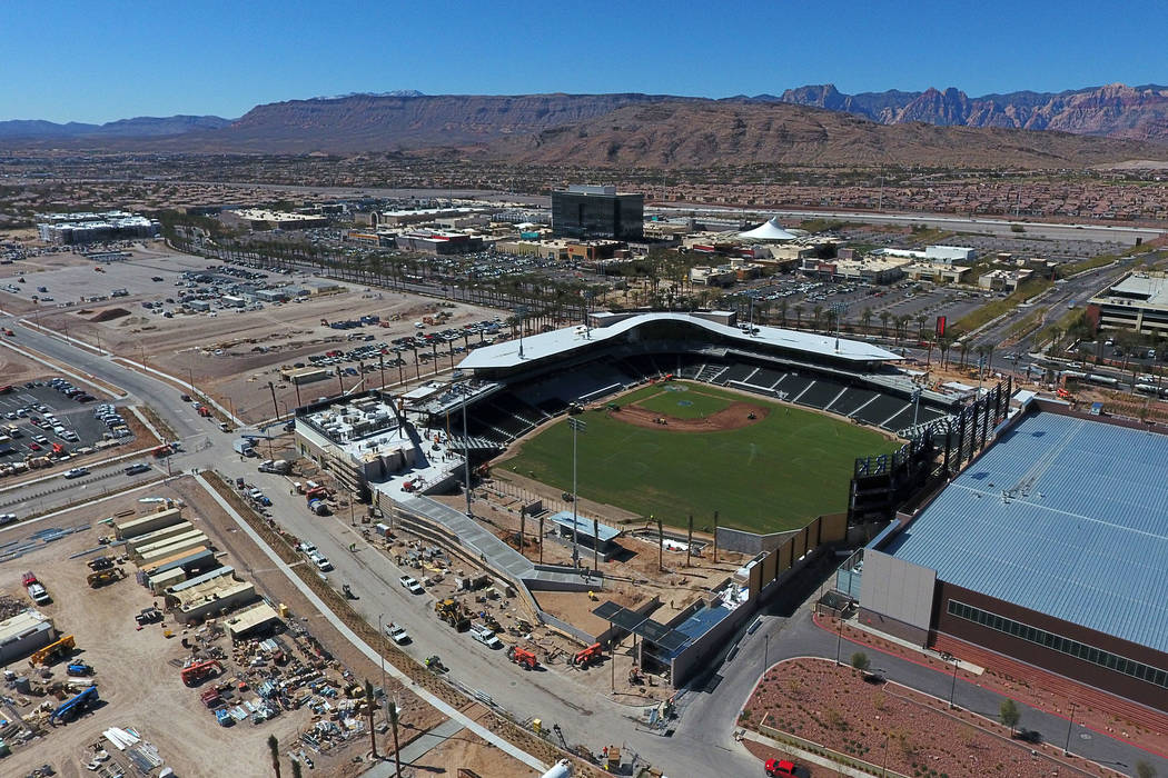 Aerial view of the Las Vegas Ballpark as grass installation nears completion on Thursday March 14, 2019. (Michael Quine/Las Vegas Review-Journal) @Vegas88s