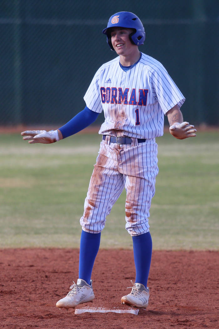 Bishop Gorman's Cameron Hougham (1) reacts after getting picked off at second base for an out against Desert Oasis in the baseball game at Bishop Gorman High School in Las Vegas, Thursday, March 2 ...