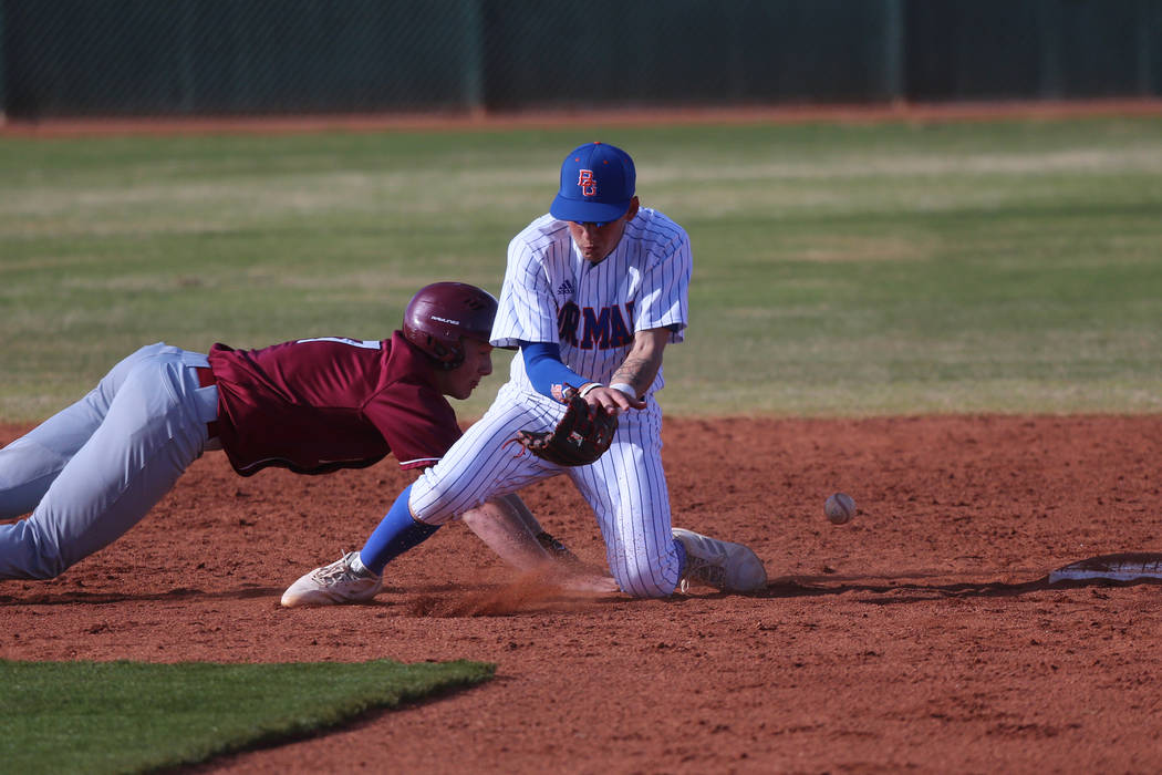 Desert Oasis' Colton Zobrist (7) slides back to second base safely against Bishop Gorman's Cameron Hougham (1), in the baseball game at Bishop Gorman High School in Las Vegas, Thursday, March 21, ...