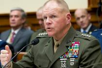 Marine Corps Commandant Gen. Robert B. Neller testifies on Capitol Hill in Washington, Wednesday, April 5, 2017, before the House Armed Services Committee hearing: 'Damage to the Military from a C ...