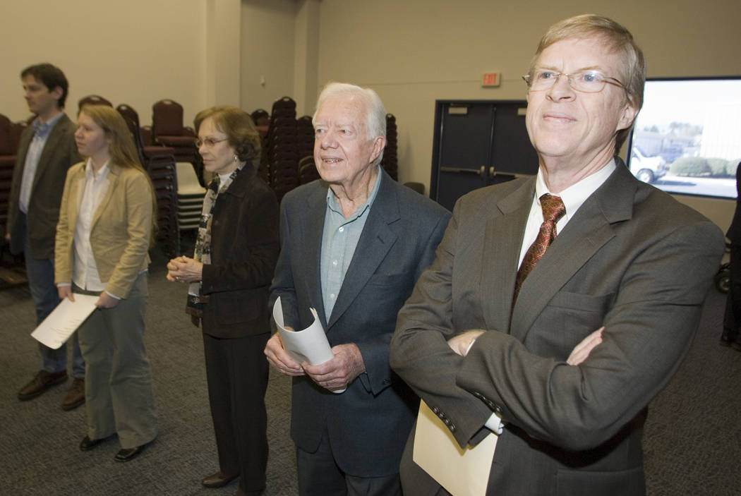 RJ FILE*** LOCAL - President Jimmy Carter with his son Jack Carter, right, who announced his candidacy for the U.S. Senate Monday morning, February 6, 2006, at the AFL-CIO Buildding Complex, Paint ...