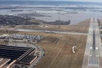 This March 17, 2019 photo released by the U.S. Air Force shows an aerial view of Offutt Air Force Base and the surrounding areas affected by floods in Nebraska (Tech. Sgt. Rachelle Blake/The U.S. ...