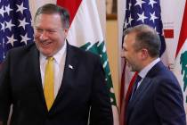 U.S. Secretary of State Mike Pompeo and Lebanese Foreign Minister Gebran Bassil react, in Beirut, Lebanon March 22, 2019, after a public statement in Beirut, Lebanon, Friday, March 22, 2019. (Jim ...