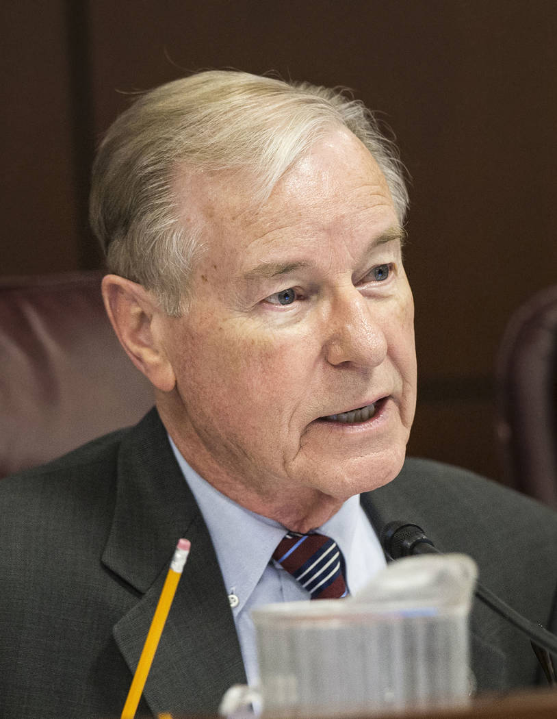 Sen. David Parks, D-Las Vegas, makes an inquiry during a Senate Government Affairs Committee meeting on the third day of the Nevada Legislative session on Wednesday, Feb. 8, 2017, at the Legislati ...