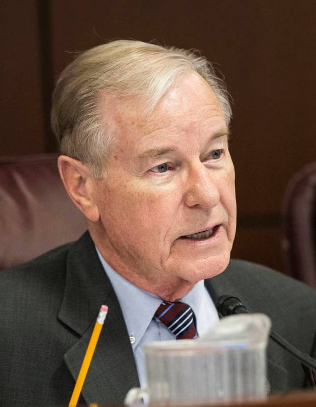 Sen. David Parks, D-Las Vegas, makes an inquiry during a Senate Government Affairs Committee meeting on the third day of the Nevada Legislative session on Wednesday, Feb. 8, 2017, at the Legislati ...