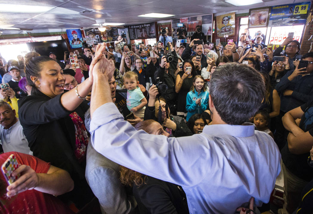 Democratic presidential candidate and former Texas congressman Beto O'Rourke addresses attendees during a campaign stop at Arandas Taqueria in Las Vegas on Sunday, March 24, 2019. (Chase Stevens/L ...