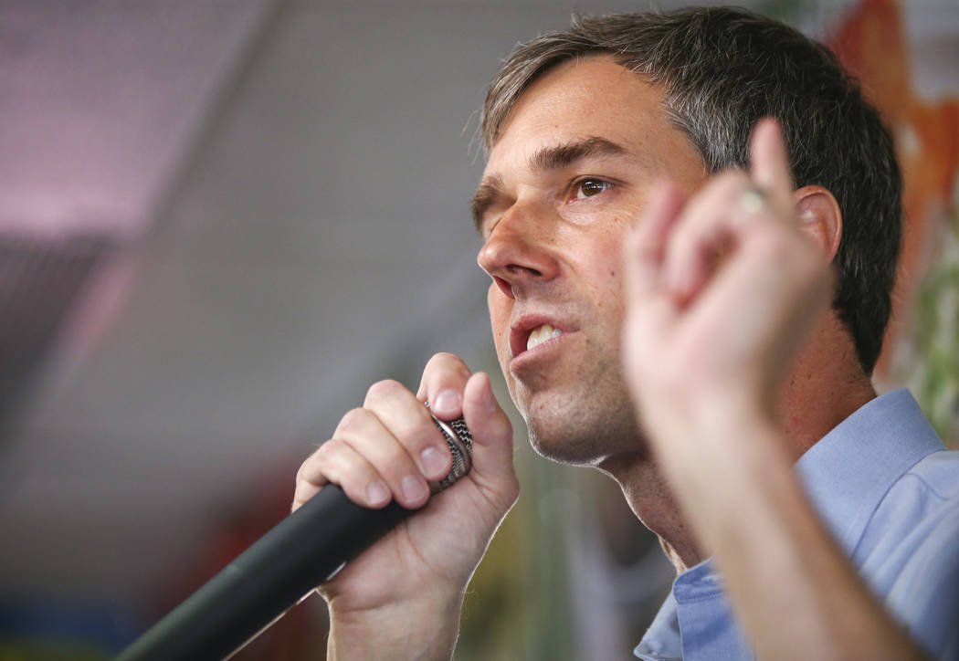 Democratic presidential candidate and former Texas congressman Beto O'Rourke addresses attendees during a campaign stop at Arandas Taqueria in Las Vegas on Sunday, March 24, 2019. (Chase Stevens/L ...