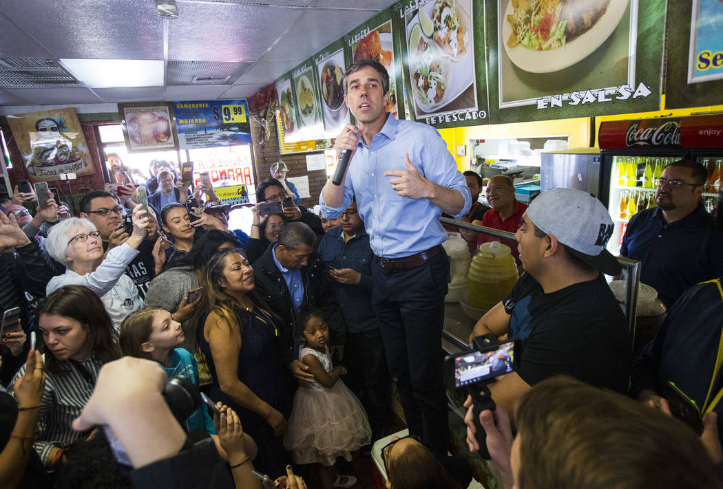 Democratic presidential candidate and former Texas congressman Beto O'Rourke addresses attendees during a campaign stop at Arandas Taqueria in Las Vegas on Sunday, March 24, 2019. (Chase Stevens/L ...