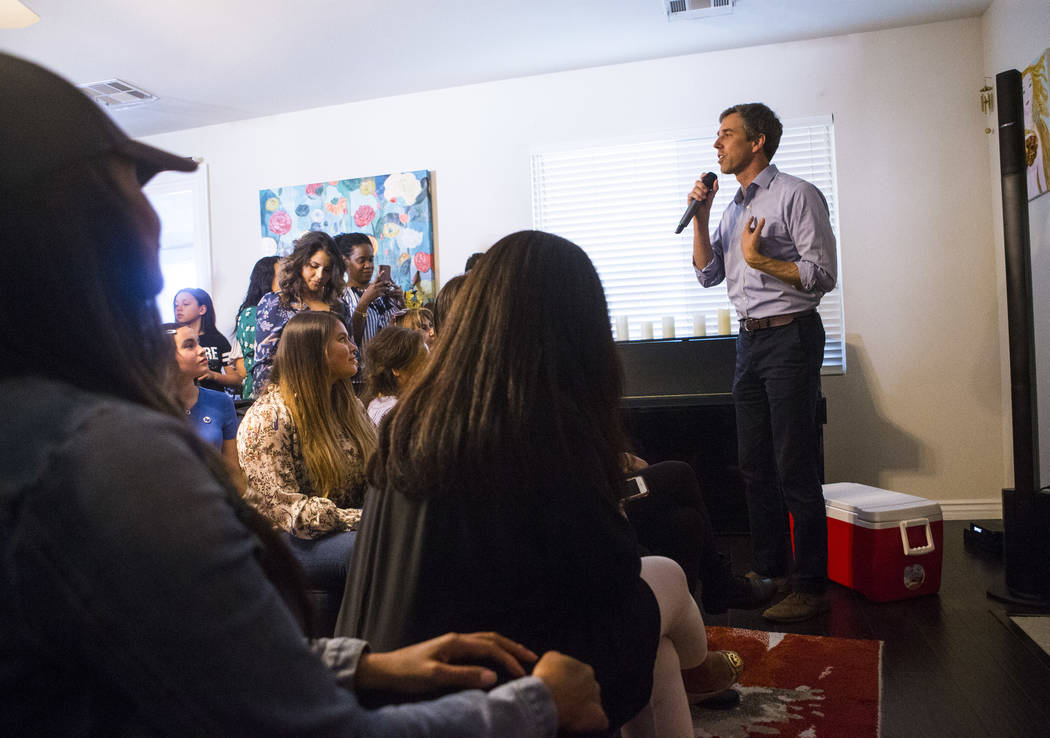 Democratic presidential candidate and former Texas congressman Beto O'Rourke speaks during a meet and greet event with the Mujeres Network in west Las Vegas on Sunday, March 24, 2019. (Chase Steve ...