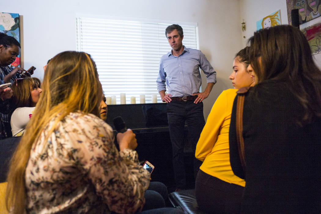 Democratic presidential candidate and former Texas congressman Beto O'Rourke, right, listens to a question from Karla Garcia during a meet and greet event with the Mujeres Network in west Las Vega ...