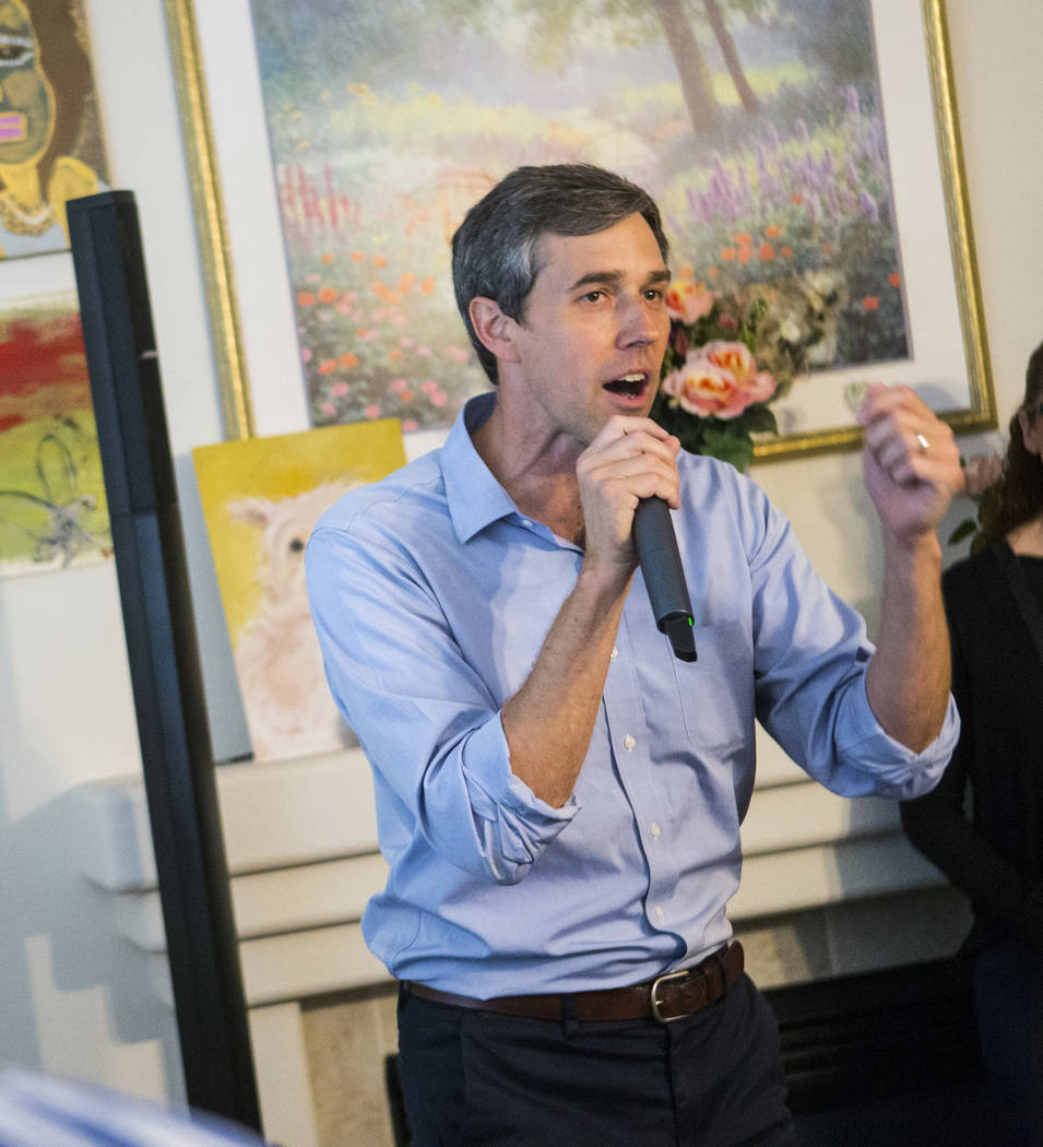 Democratic presidential candidate and former Texas congressman Beto O'Rourke speaks during a meet and greet event with the Mujeres Network in west Las Vegas on Sunday, March 24, 2019. (Chase Steve ...