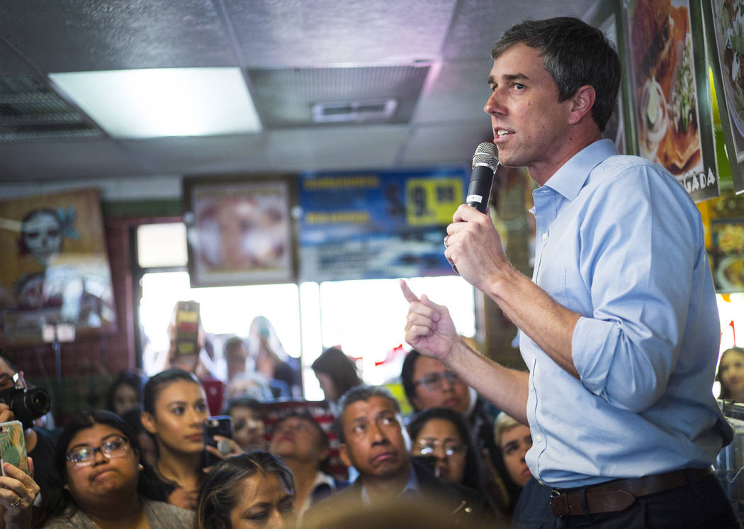 Democratic presidential candidate and former Texas congressman Beto O'Rourke speaks during a campaign stop at Arandas Taqueria in Las Vegas on Sunday, March 24, 2019. (Chase Stevens/Las Vegas Revi ...