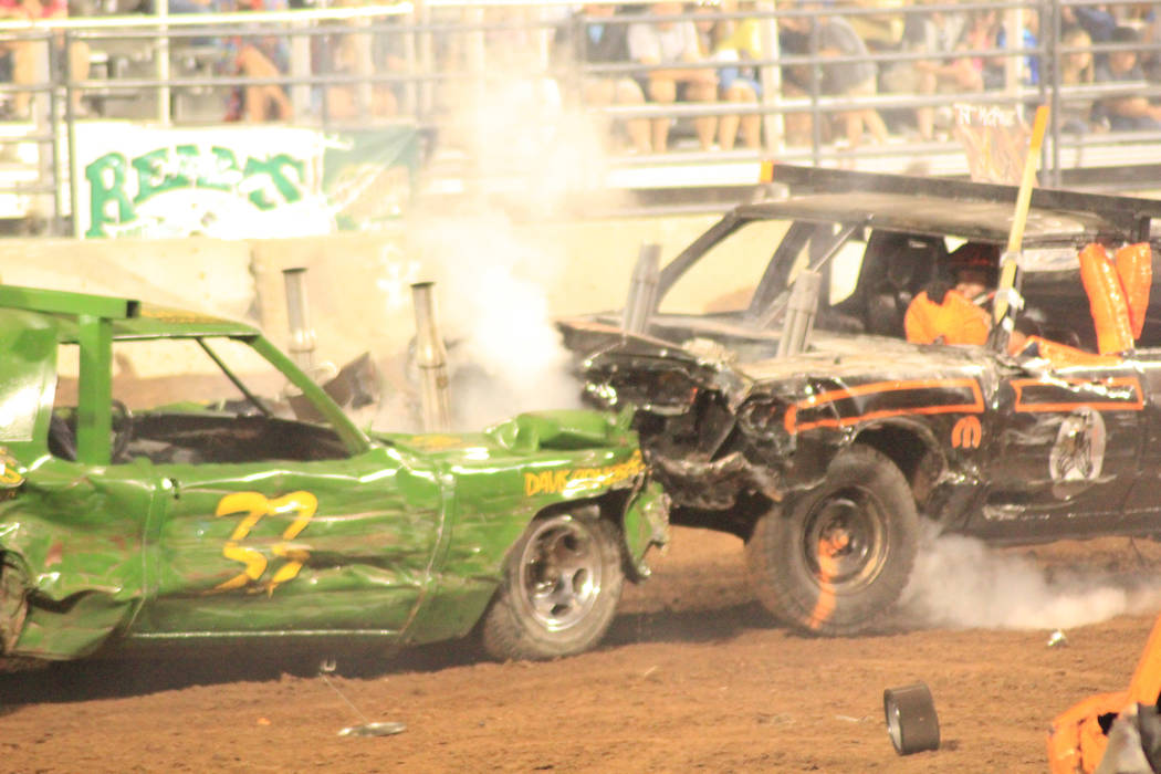 A shot of the high-collision action at a Stirrin' Dirt Racing event. The demolition derby is debuting March 29-30 at the Plaza in downtown Las Vegas. (Stittin' DIrt Racing)