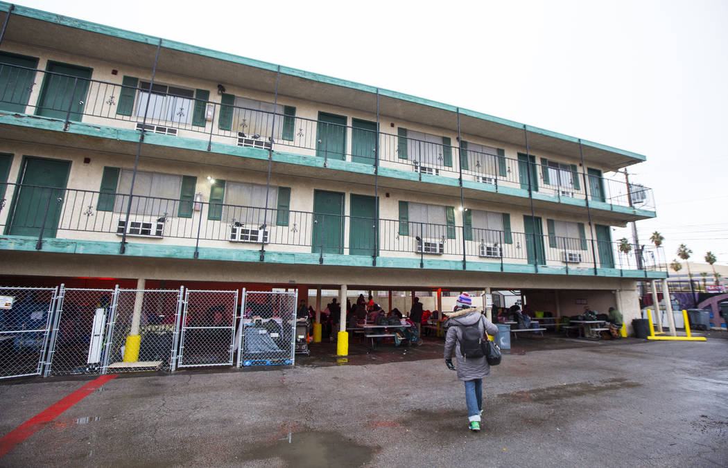 A view of the city of Las Vegas' homeless courtyard on Thursday, Feb. 21, 2019. (Chase Stevens/Las Vegas Review-Journal) @csstevensphoto