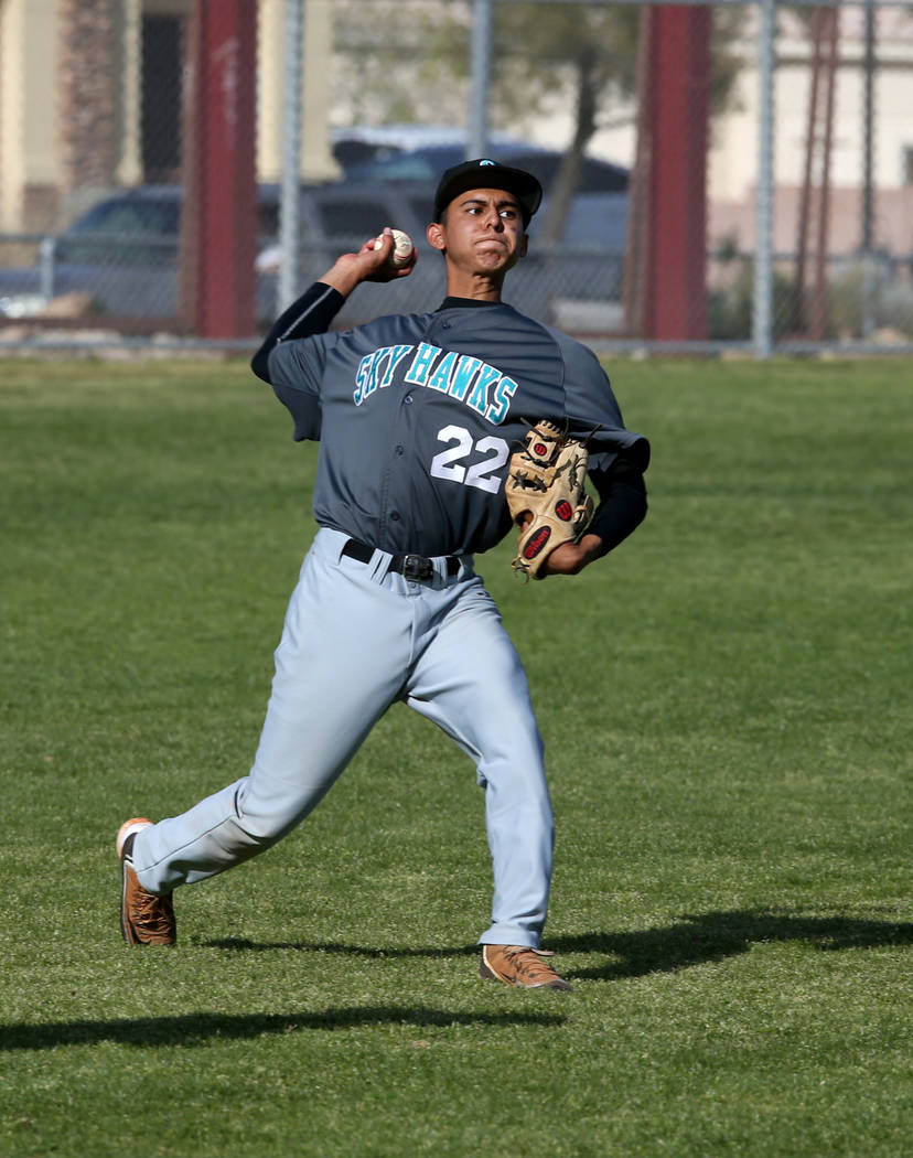 Silverado outfielder Gerardo Hernandez (22) throws to home against Cimarron-Memorial in the third inning of their baseball game at Cimarron-Memorial High School in Las Vegas Friday, March 22, 2019 ...