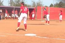 Arbor View's Kylie Sharapan (center) prepares to deliver a pitch against Coronado in a non-league softball game Saturday, March 23, 2019 at Arbor View High School. Arbor View won 6-5 in nine innin ...