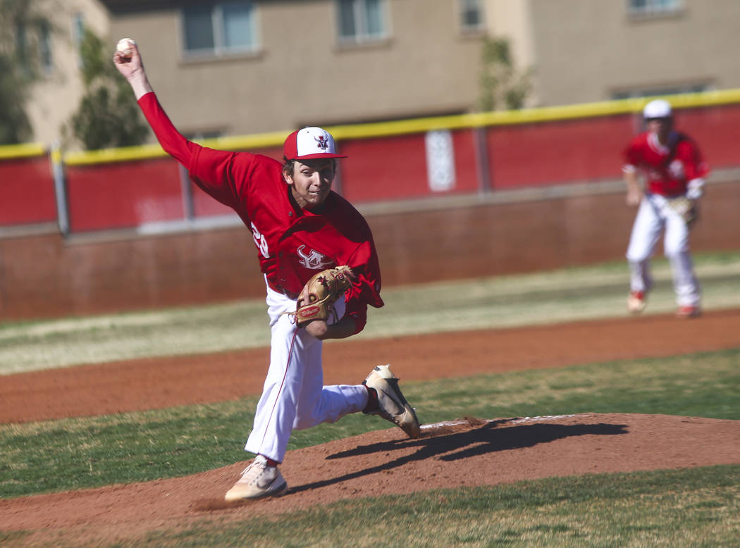 Arbor View's Brennan Holligan (29) pitches to Las Vegas during a baseball game at Arbor View Hi ...