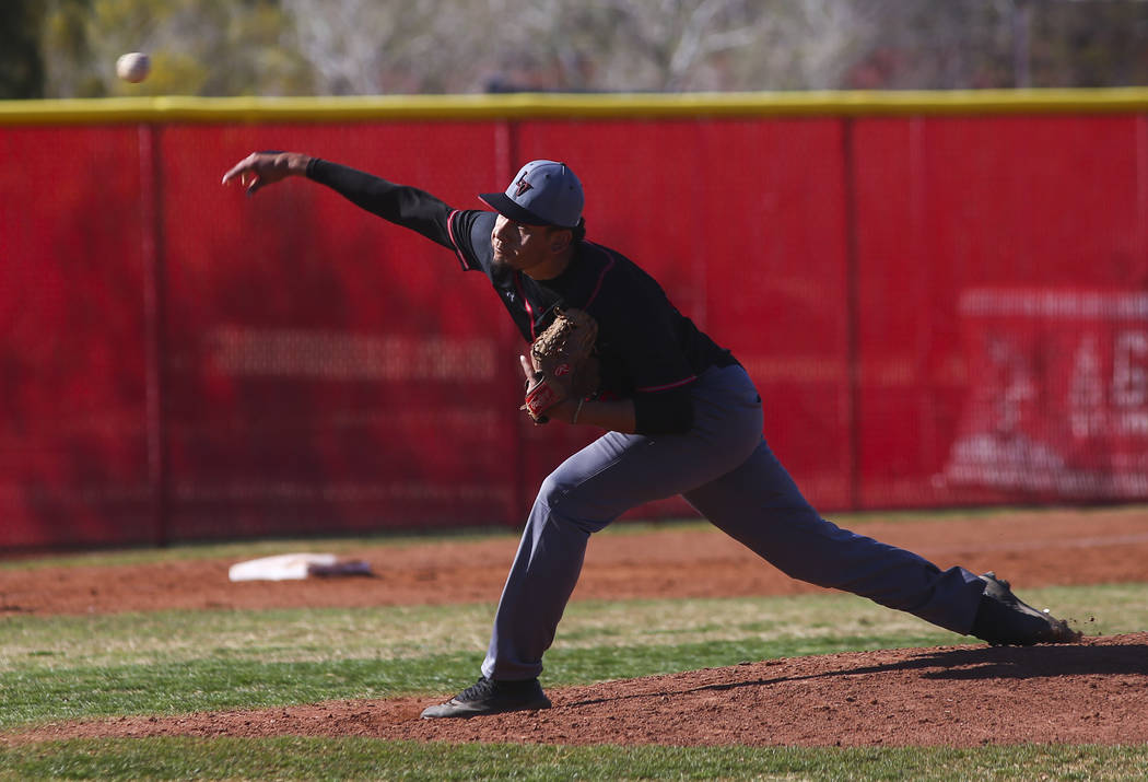 Las Vegas' pitcher Brady Ojeda (18) pitches against Arbor View during a baseball game at Arbor ...