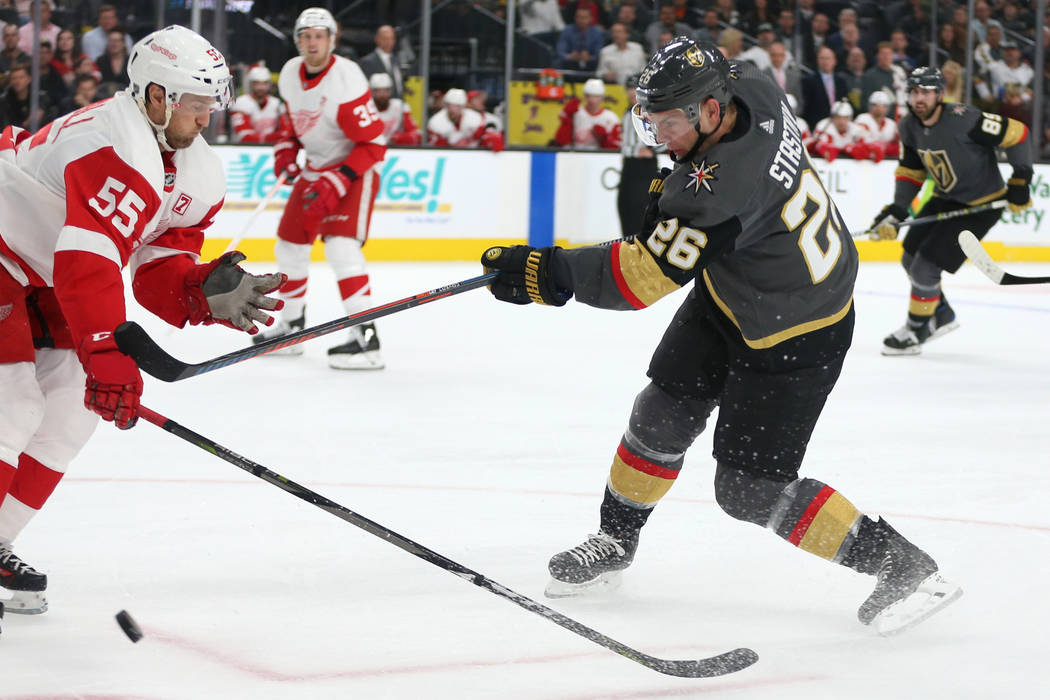 Vegas Golden Knights center Paul Stastny (26) gets his shot blocked by Detroit Red Wings defenseman Niklas Kronwall (55) during the first period of an NHL hockey game at T-Mobile Arena in Las Vega ...