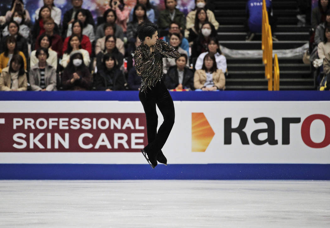 Japan's Yuzuru Hanyu performs his men's free skating routine during the ISU World Figure Skating Championships at Saitama Super Arena in Saitama, north of Tokyo, Saturday, March 23, 2019. (AP Phot ...