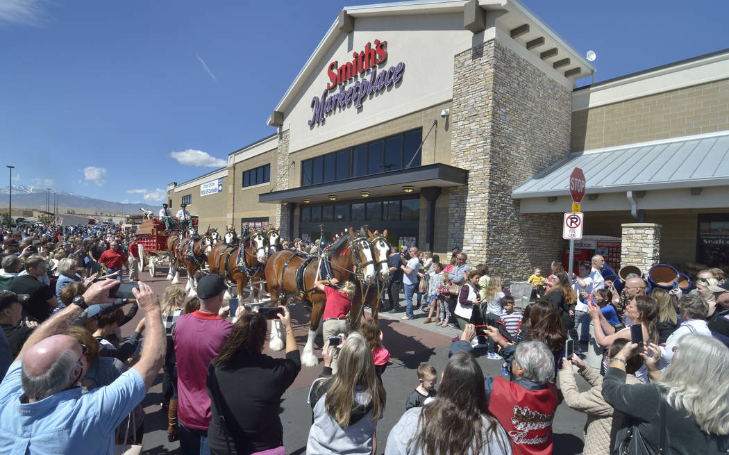 The Budweiser Clydesdales are shown during a visit to the Smith’s Marketplace at 9710 W. Skye Canyon Park Drive in Las Vegas on Saturday, March 23, 2019. (Bill Hughes/Las Vegas Review-Journal)