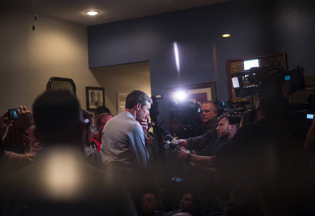 Democratic presidential candidate and former Texas congressman Beto O'Rourke speaks with reporters during a campaign stop at a home in the Summerlin area of Las Vegas on Saturday, March 23, 2019. ...