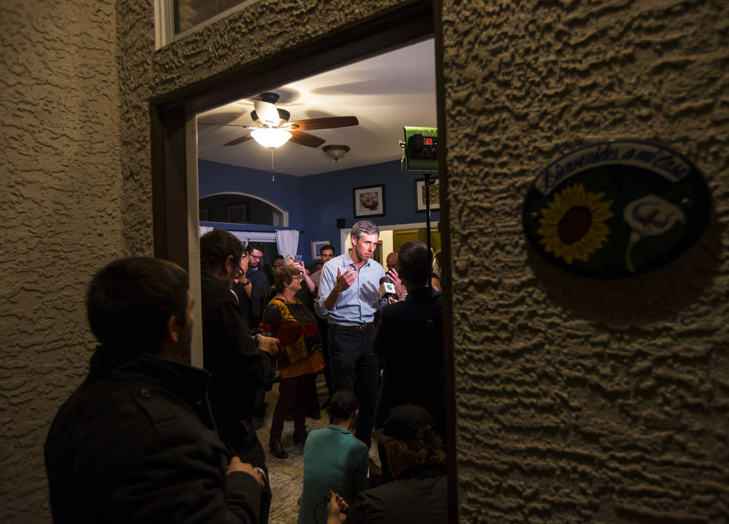 Democratic presidential candidate and former Texas congressman Beto O'Rourke speaks with reporters during a campaign stop at a home in the Summerlin area of Las Vegas on Saturday, March 23, 2019. ...
