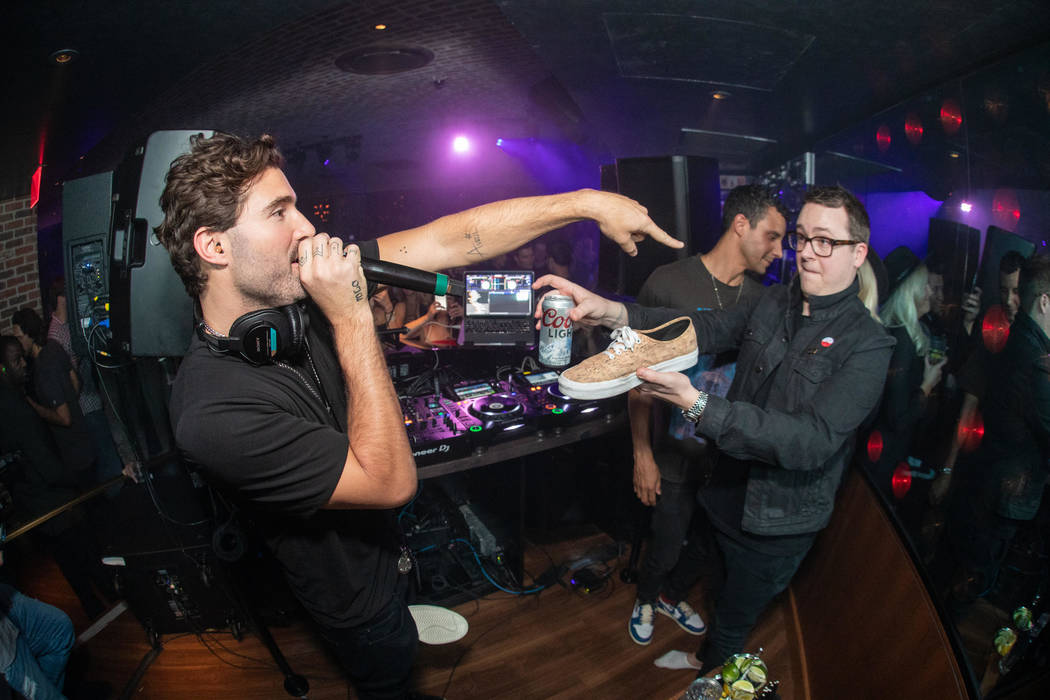 Brody Jenner prepares for a "Shoey," which is drinking beer out of a sneaker, at On The Record at Park MGM on Saturday, March 23, 2019. (Tony Tran)