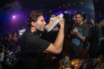 Brody Jenner performs a "Shoey," which is drinking beer out of a sneaker, at On The Record at Park MGM on Saturday, March 23, 2019. (Tony Tran)