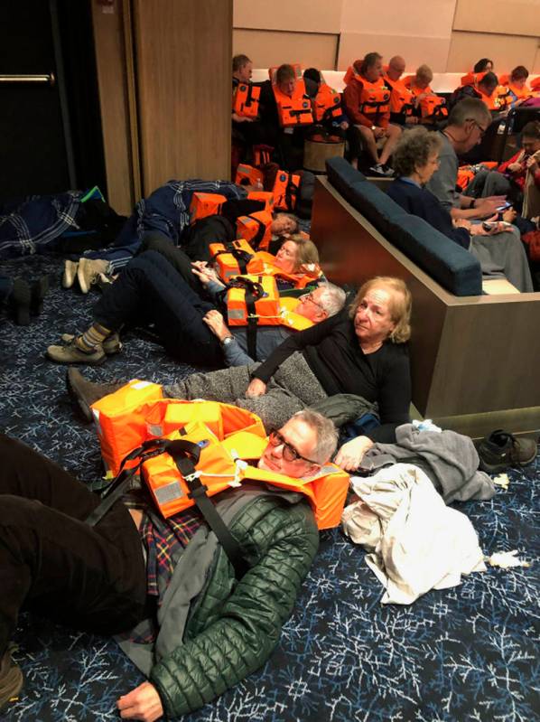 This photo provided by Alexus Sheppard shows passengers on board the Viking Sky, waiting to be evacuated, off the coast of Norway on Saturday, March 23, 2019. Rescue workers off Norway's western c ...