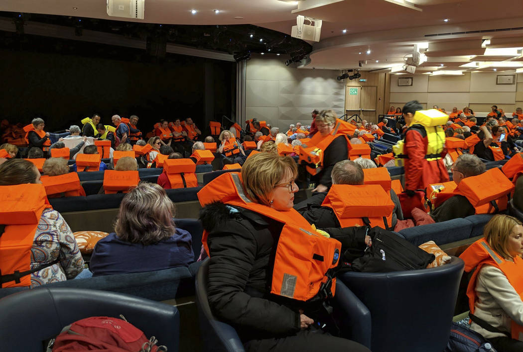 This photo provided by Michal Stewart shows passengers on board the Viking Sky, waiting to be evacuated, off the coast of Norway on Saturday, March 23, 2019. Rescue workers off Norway's western co ...