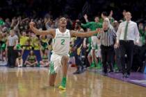 Oregon forward Louis King celebrates after scoring against UC Irvine during the second half of a second-round game in the NCAA men's college basketball tournament Sunday, March 24, 2019, in San Jo ...