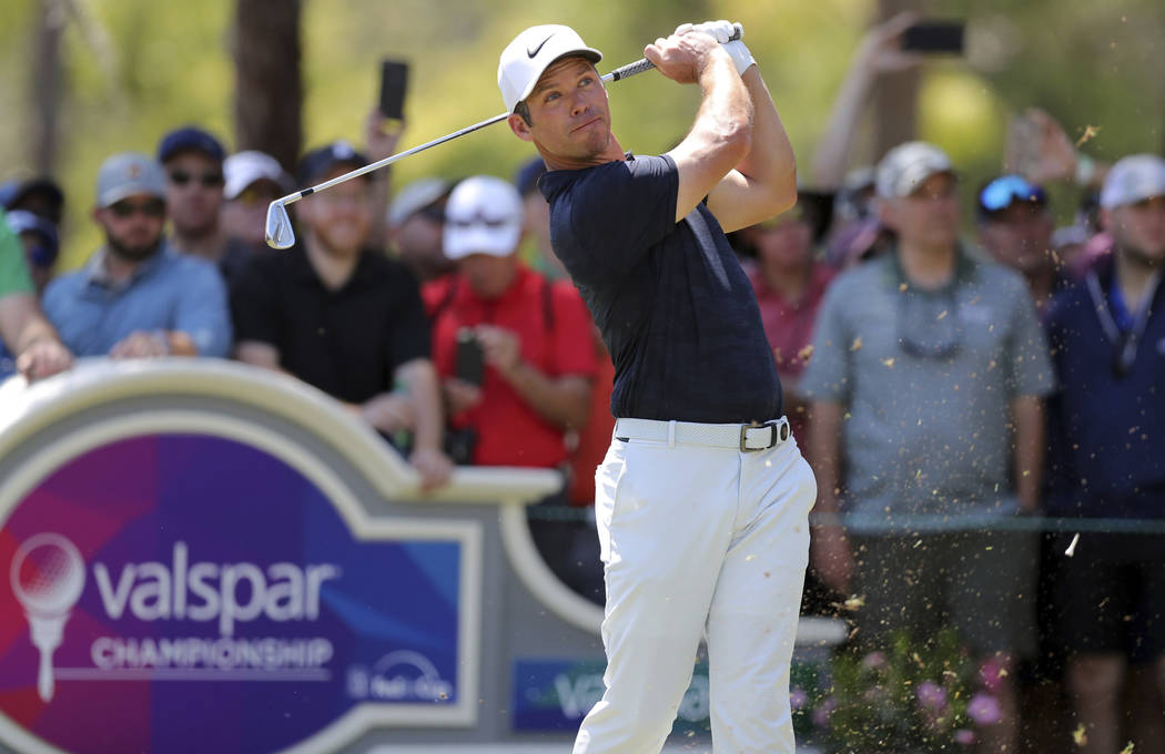 Paul Casey tees off on the second hole during the final round of the Valspar Championship golf tournament Sunday, March 24, 2019, in Palm Harbor, Fla. (AP Photo/Mike Carlson)