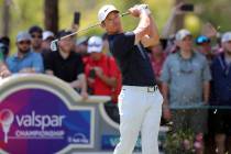 Paul Casey tees off on the second hole during the final round of the Valspar Championship golf tournament Sunday, March 24, 2019, in Palm Harbor, Fla. (AP Photo/Mike Carlson)