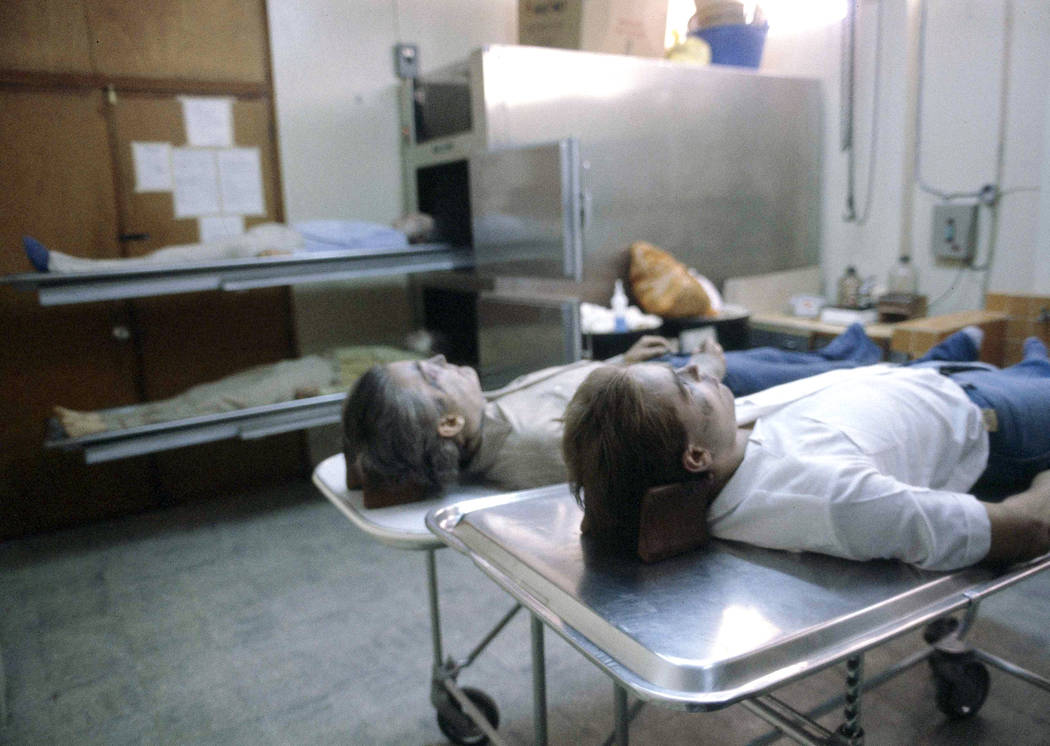 In this March 19, 1982 photo, two of the four Dutch journalists killed in the northern province of Chalatenango lie in a San Salvador, El Salvador, morgue. Jan Kuiper, Koos Koster, Hans ter Laag a ...