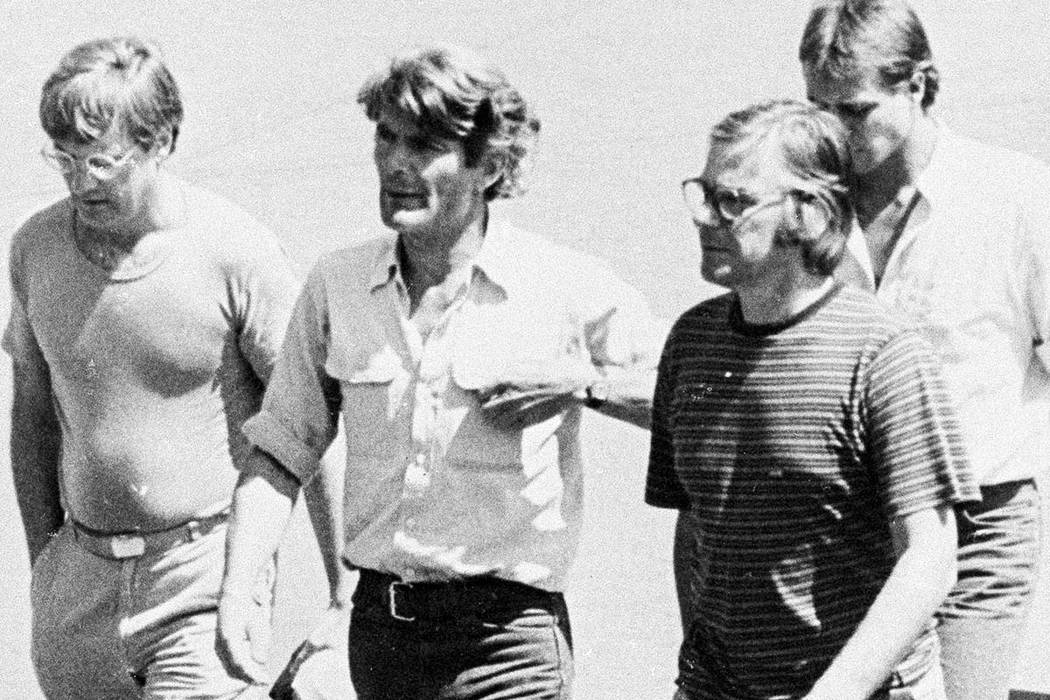 In this March 11, 1982 photo, from left, Jan Cornelius Kuiper, director, Koos Koster, producer, Johannes Willemsen, cameraman, and Hans ter Laan, soundman walk north of the capital, San Salvador, ...