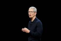 In this June 4, 2018 file photo, Apple CEO Tim Cook speaks during an announcement of new products at the Apple Worldwide Developers Conference in San Jose, Calif. Apple is expected to announce Mon ...