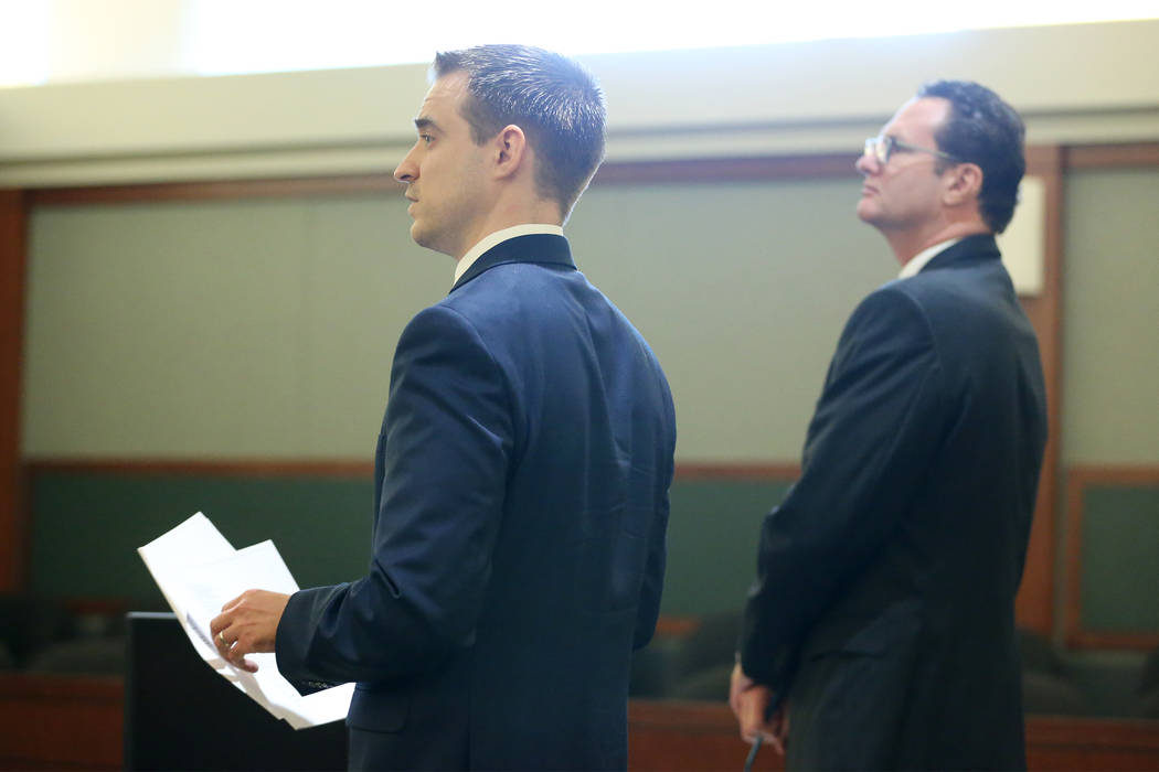 Attorneys Colin Esgro, left, and James Morgan, representing former Sen. Harry Reid, during a case update at the Regional Justice Center in Las Vegas on Feb. 20, 2019. Reid and his wife are suing t ...